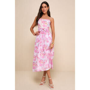 NWT Lulus Sweetheart Status Pink Floral Sleeveless A-line Midi Dress - Size M
